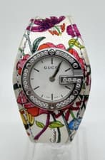 Gucci G Bandeau 104 Quartz Watch Diamond Bezel Floral Fabric Strap Box