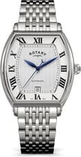 Rotary 1895 Tonneau Mens watch automatic white dial stainless steel strap