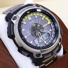 Casio Pro Trek PRW-5000T Solar Radio Watch Silver Black Working Cleaned 55mm