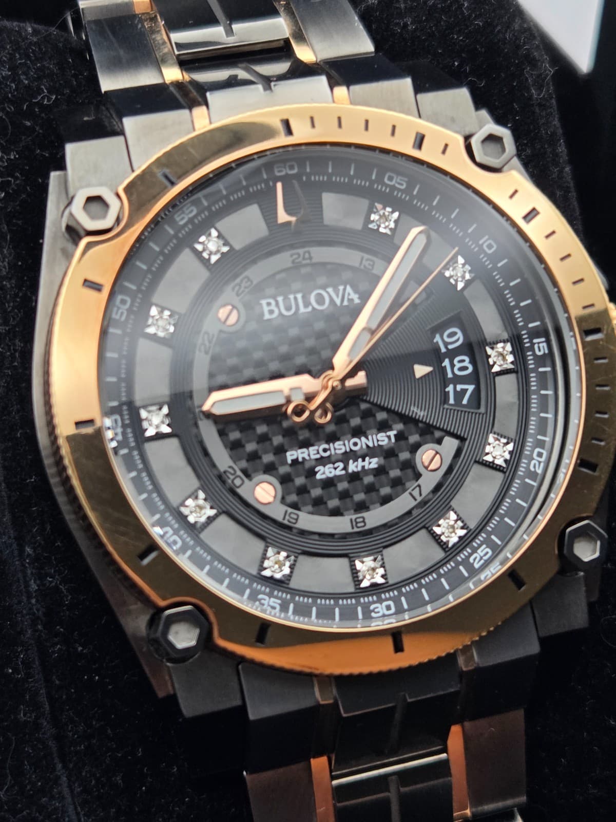 Bulova Men's Watch Precisionist 98D149 Quartz Diamond Dial Rose Gold Gunmetal