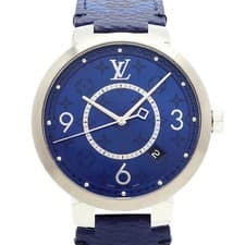LOUIS VUITTON WATCH TAMBOUR SLIM MONOGRAM QA150Z QUARTZ DATE BLUE DIAL MEN'S F/S