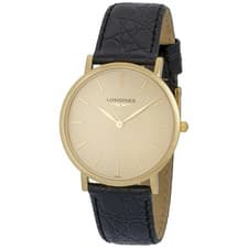 Pre-on  Longines Gold Plated Dress Wristwatch Black Leather Strap Swiss Made