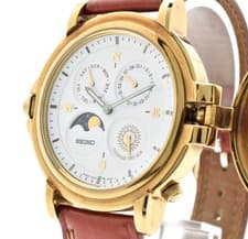 SEIKO Presage 7F38-9A00 Moonphase Vintage Quartz Gold Dial Men's Watch 39mm