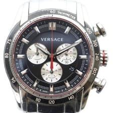 Versace V-RAY Quartz Chronograph Watch Black Dial Silver Stainless Pre-Owned