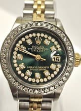 Rolex Ladies Date Oyster Stainless Gold Diamond Dial Bezel Watch Green