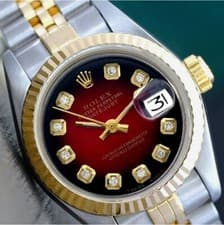 Rolex Datejust Two-Tone Red Vignette Diamond Dial Fluted 14KY SS Jubilee Watch