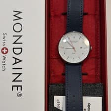 Mondaine Solar Powered Swiss Made Wristwatch Blue Leather Strap Steel Case