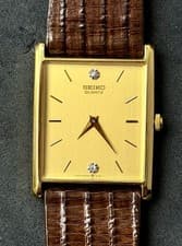 Vtg New 1986 SEIKO Tank Men's 34mm Quartz Watch Gold Case Dial Diamond Leather