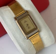 1980s Omega De Ville Design Quartz Cal 1387 Tank Two Tone Mesh Bracelet Boxed
