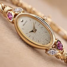 Battery replaced cleaned SEIKO 1E20 5760 Seiko Oval Marquise Stone Red Stone Tra