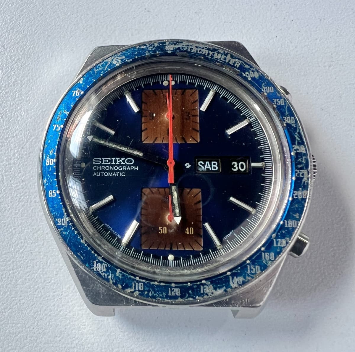 SEIKO 6138-8020 Automatic Chronograph Watch Vintage Mens KAKUME Blue Dial 17 J