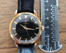 Vintage Running Omega 14K Gold Filled Bumper Black Dial Mens Watch, Great look!
