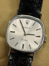 Rolex Orchid Swiss Made Women's Dress Watch Silver Dial Black Leather Band w/Box