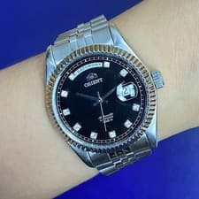 RARE Orient President Automatic Diamond Black DIal Day Date Vintage Watch 90s