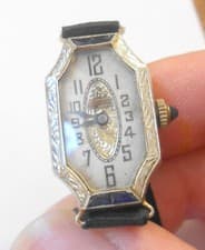 Antique 14K White Gold Case Sapphire 17J IOCO Ladies Wrist Watch Adjustable Band