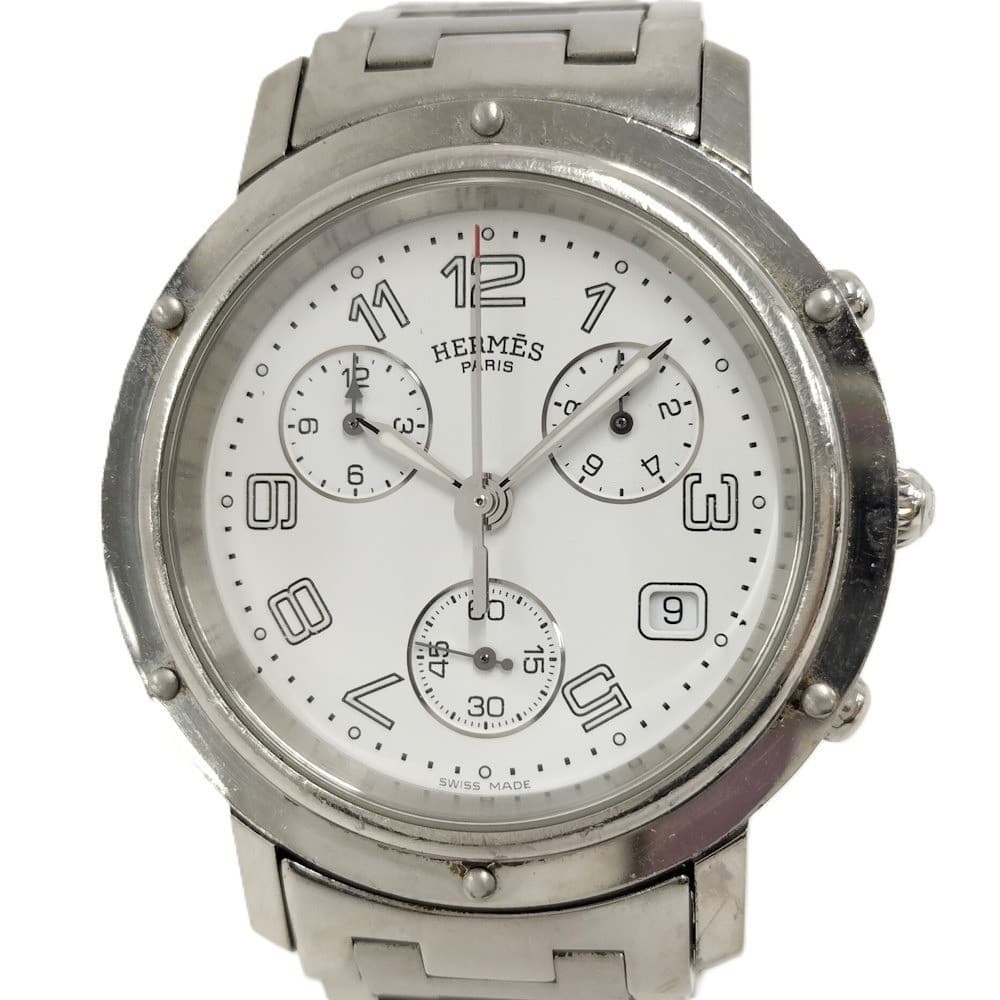 HERMES Clipper CL1.910 Chronograph Date white Dial Quartz Men's Watch Used