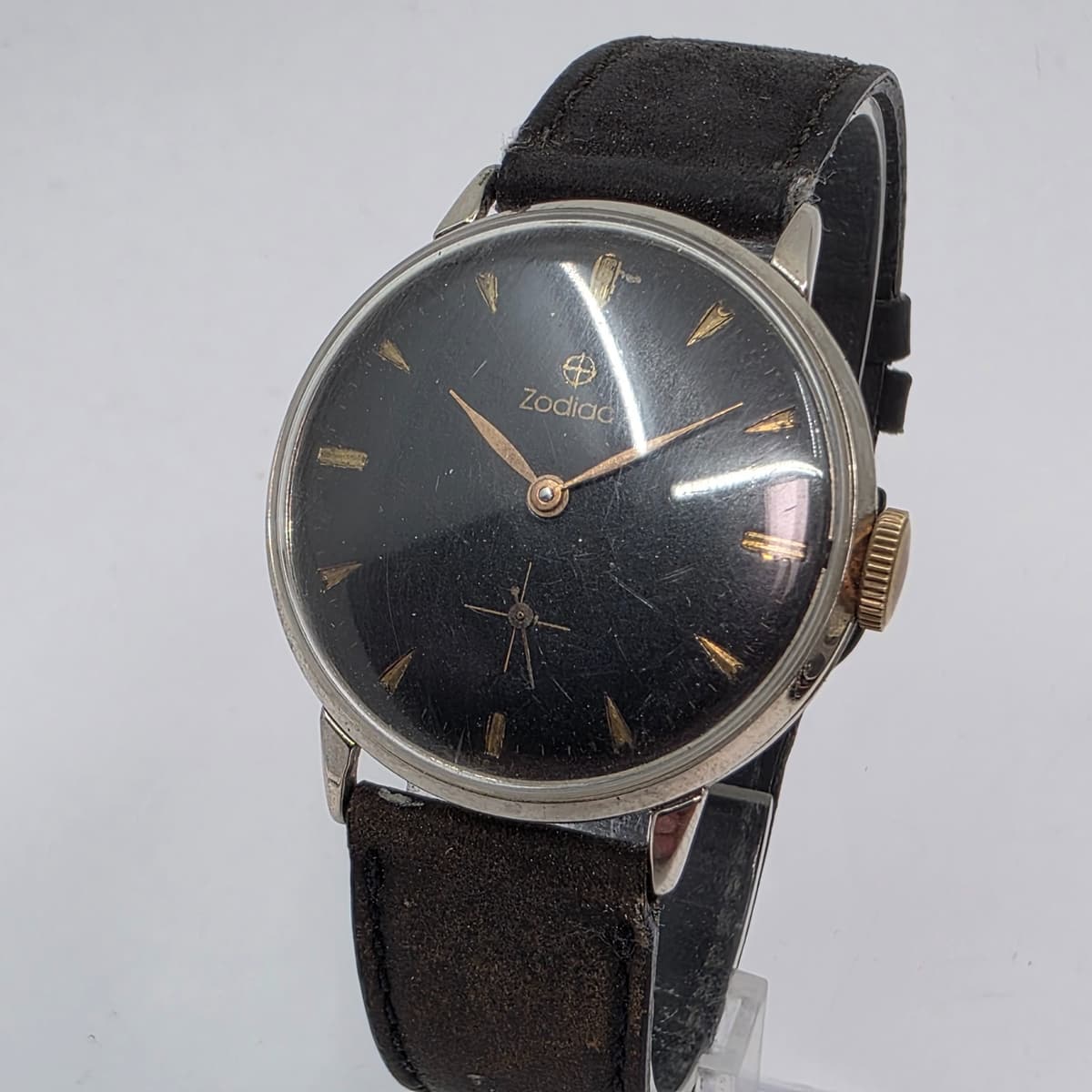 Vintage Zodiac Manual Cal. 350 Gilt Black Dial Swiss Mens Watch 34mm