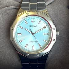 Bulova Classic 96B462 Sky Blue Automatic Watch 40mm Silver Band Excellent
