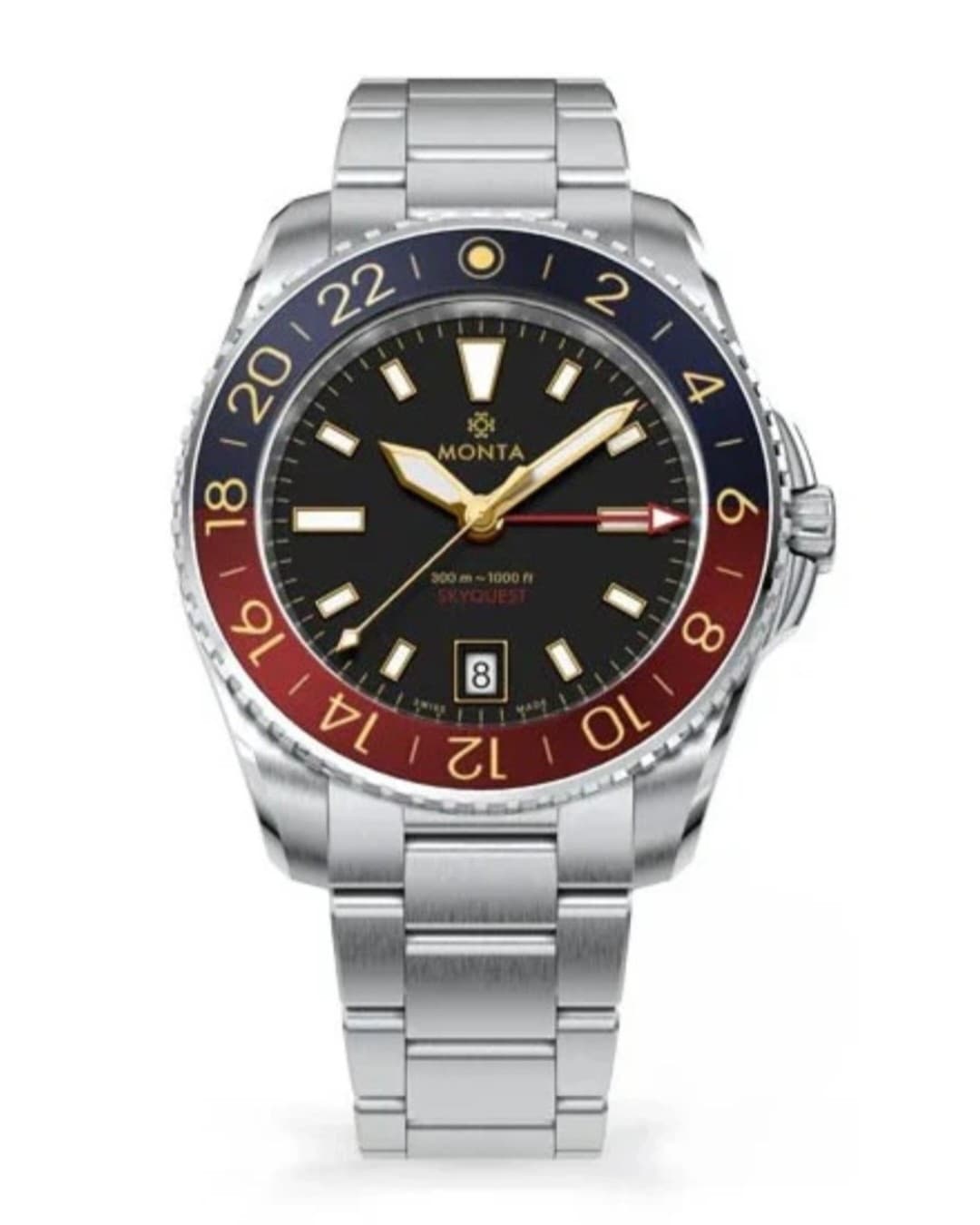 Monta Skyquest GMT Blue & Red Bezel Automatic Watch 40mm Black Dial With Box