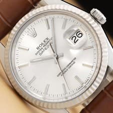 ROLEX MENS DATEJUST 16014 18K GOLD STEEL SILVER DIAL BROWN LEATHER BAND WATCH