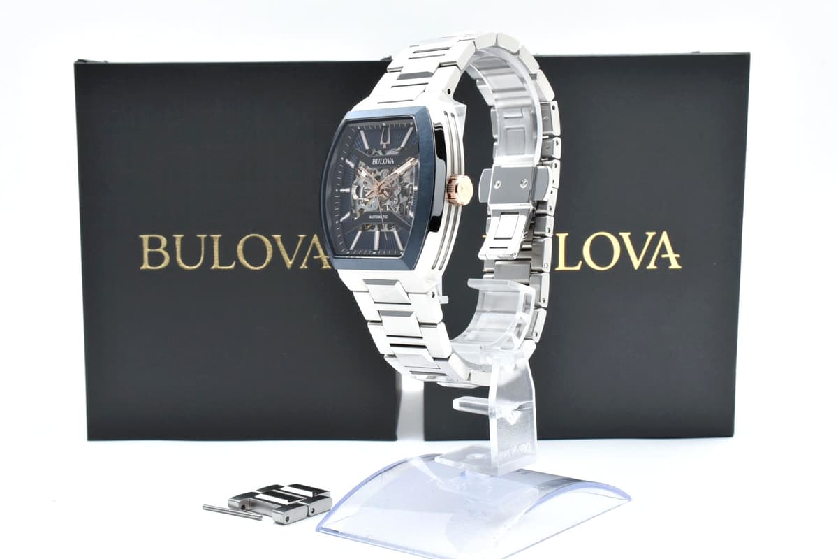 Bulova Maquina 98A319 Automatic Men's Watch Blue Skeleton Dial Tonneau