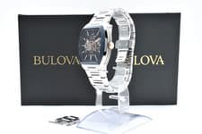 Bulova Maquina 98A319 Automatic Men's Watch Blue Skeleton Dial Tonneau