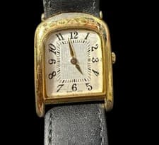 Coach W001 Women's Gold Tone Rectangular Watch Black Leather Strap Swiss Movt