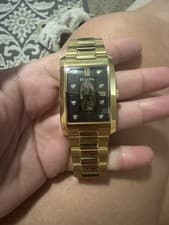 Bulova Gold Stainless Steel Quartz Rectangle Men's Watch Black Dial Water Resis…