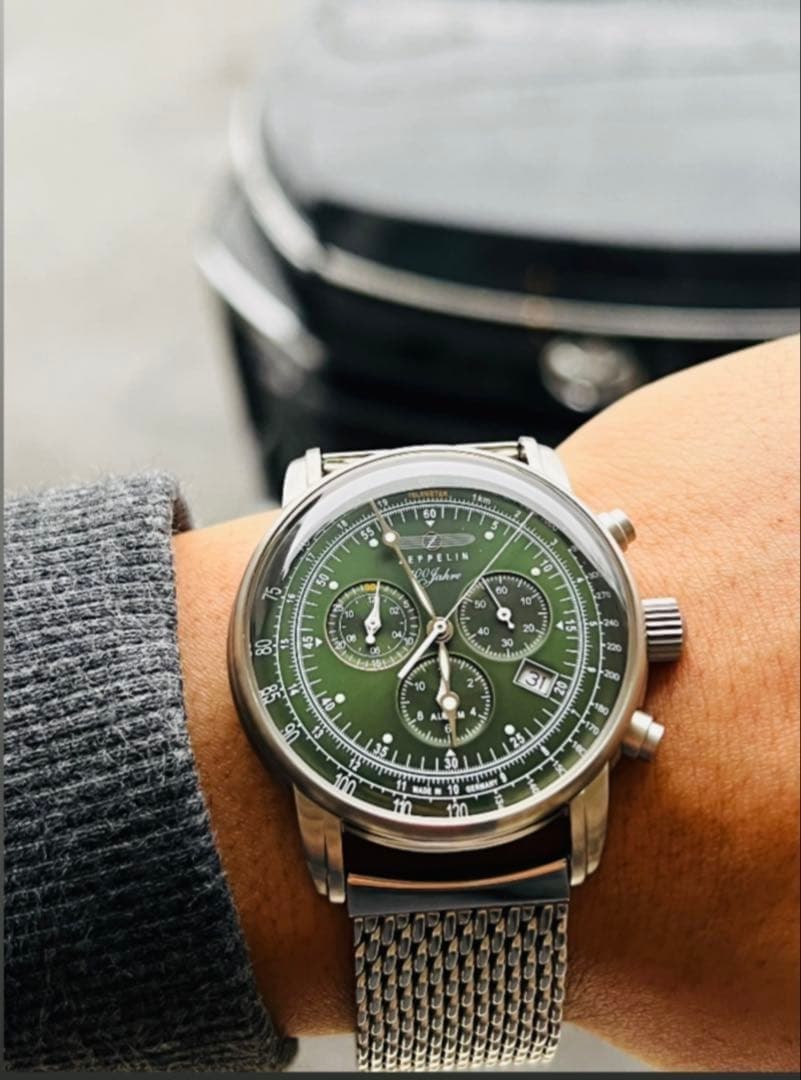 Zeppelin Chronograph Watch Green Dial Mesh Band