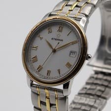 Eterna 3105.47 Quartz Mens Watch 18K Bezel White Dial Date Stainless