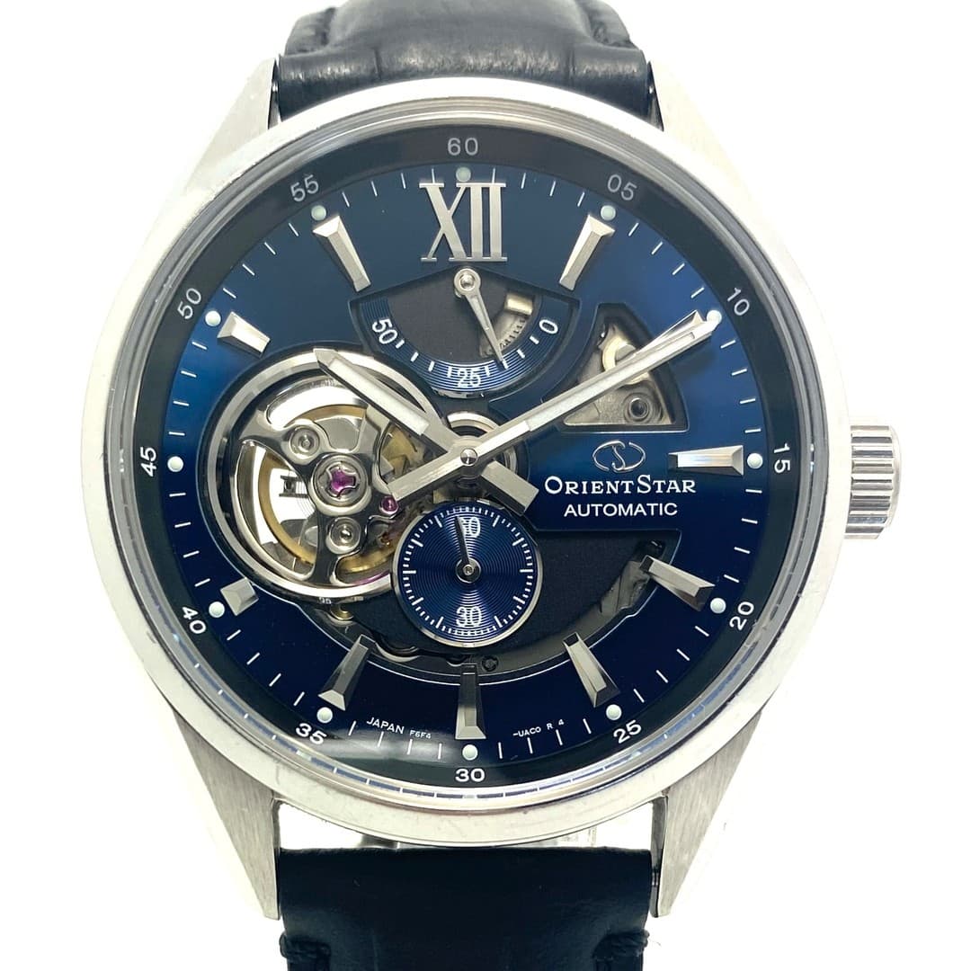 Orient Men Skeleton Watch Blue Leather Automatic Used From Japan