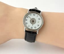 Hermes Sellier Quartz Ladies Watch White Dial Black Leather New Battery