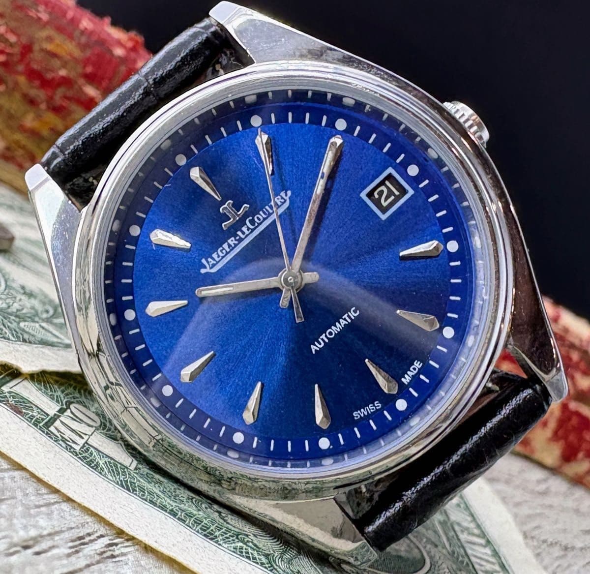 Jaeger-LeCoultre Vintage Automatic Men's Watch Blue Dial 36mm Index Leather