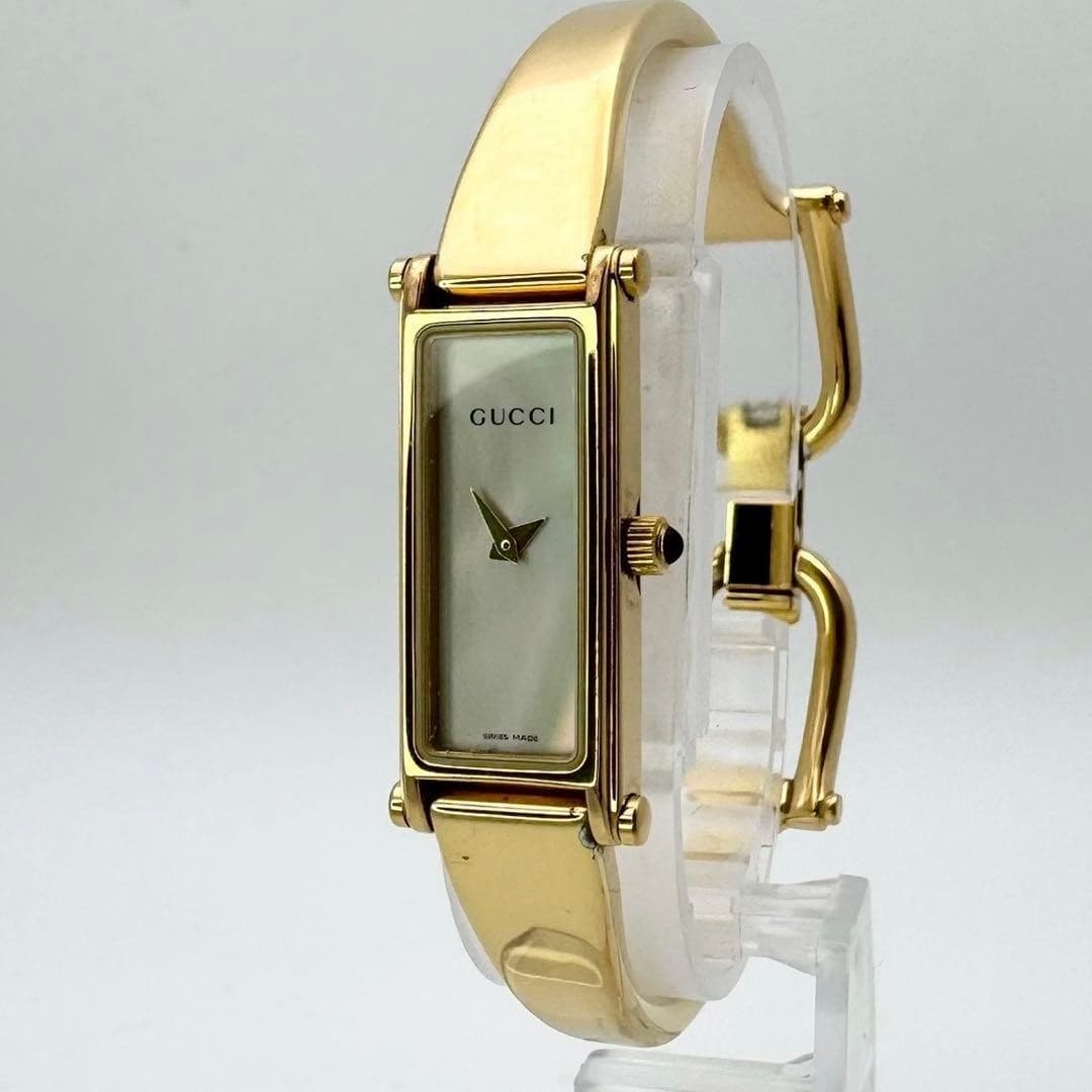 Gucci 1500L Mother of Pearl Dial Gold Bangle Watch 1P Onyx Working New Battery