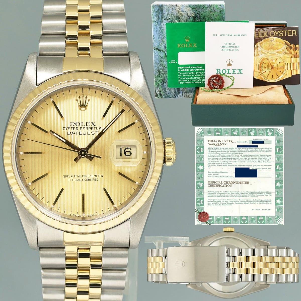 PAPERS Rolex DateJust 16233 Two Tone Gold Jubilee Champagne Tapestry Watch