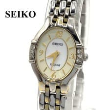 SEIKO EXCELINE 6P Diamond Quartz Watch White Gold Dial Silver Band 15.5cm 6.1in