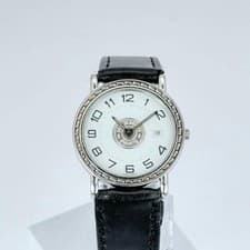 Hermes Wristwatch Sellier Quartz Movement White Dial date black leather strap