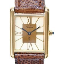 Cartier 925 Must Tank Vermeil LM Center Gold Dial Quartz Leather Strap Watch