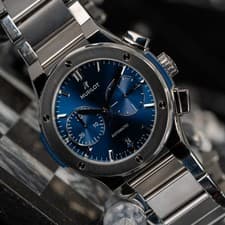 Hublot Classic Fusion 45mm Chronograph Blue Dial Steel Bracelet Box & Papers