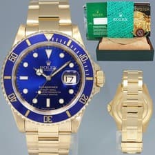 MINT Rolex 16618 LB Submariner 18k Yellow Gold Blue Sunburst 40mm Watch Box