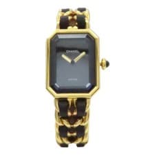 CHANEL Premiere S Watch Quartz Gold Chain Black Leather H0001