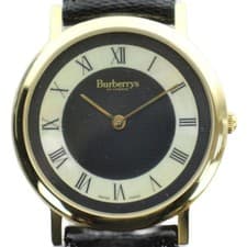 Used Burberrys 6000G Watch Quartz Shell Dial Roman Round Leather Belt Gold