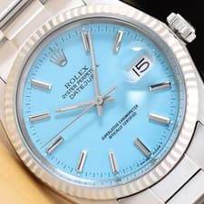 ROLEX MENS DATEJUST 16014 18K WHITE GOLD STEEL AQUA BLUE DIAL OYSTER BAND WATCH