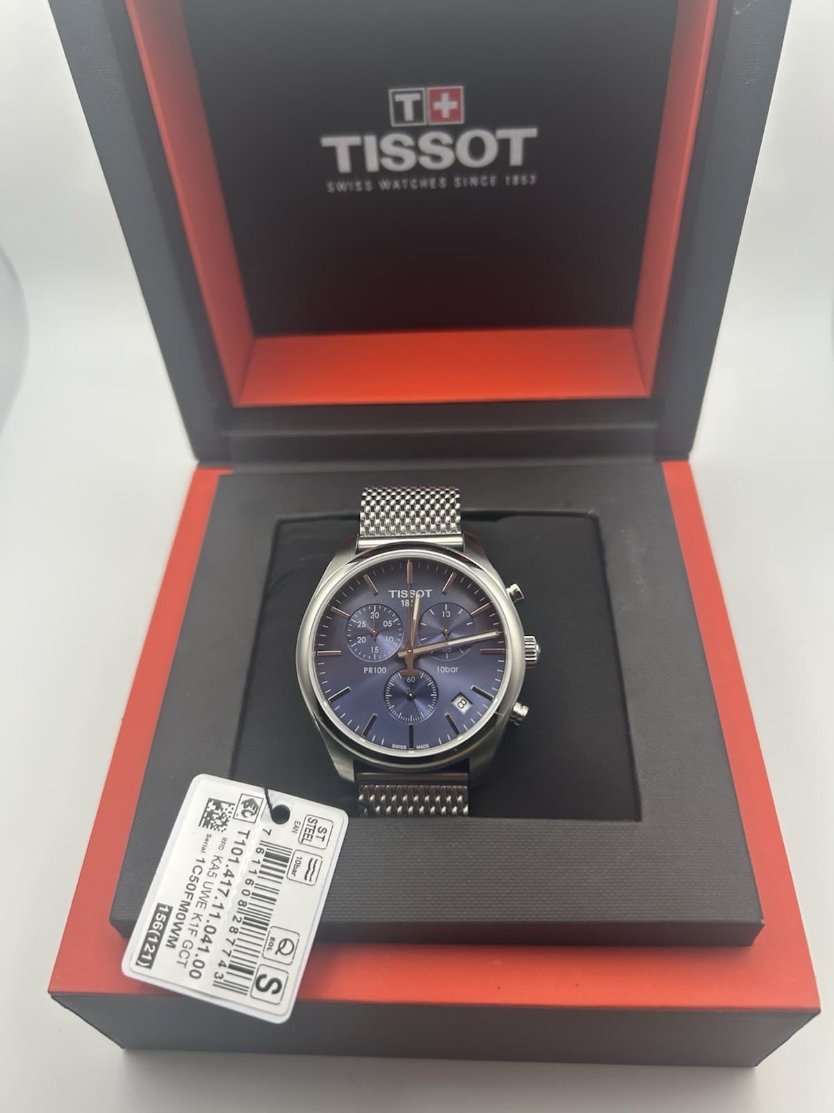 Tissot Men's PR100 Chronograph Wristwatch Blue Dial Mesh Band Quartz Box Manual