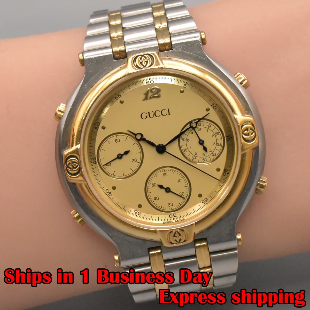 New Batt. "N MINT" Vintage GUCCI 9400 Chrono Gold Dial180mm Men's Watch JAPAN