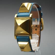 Vintage 1990s "Exc+5" HERMES Medor Blue Band Gold Womens Quartz Watch From Japan