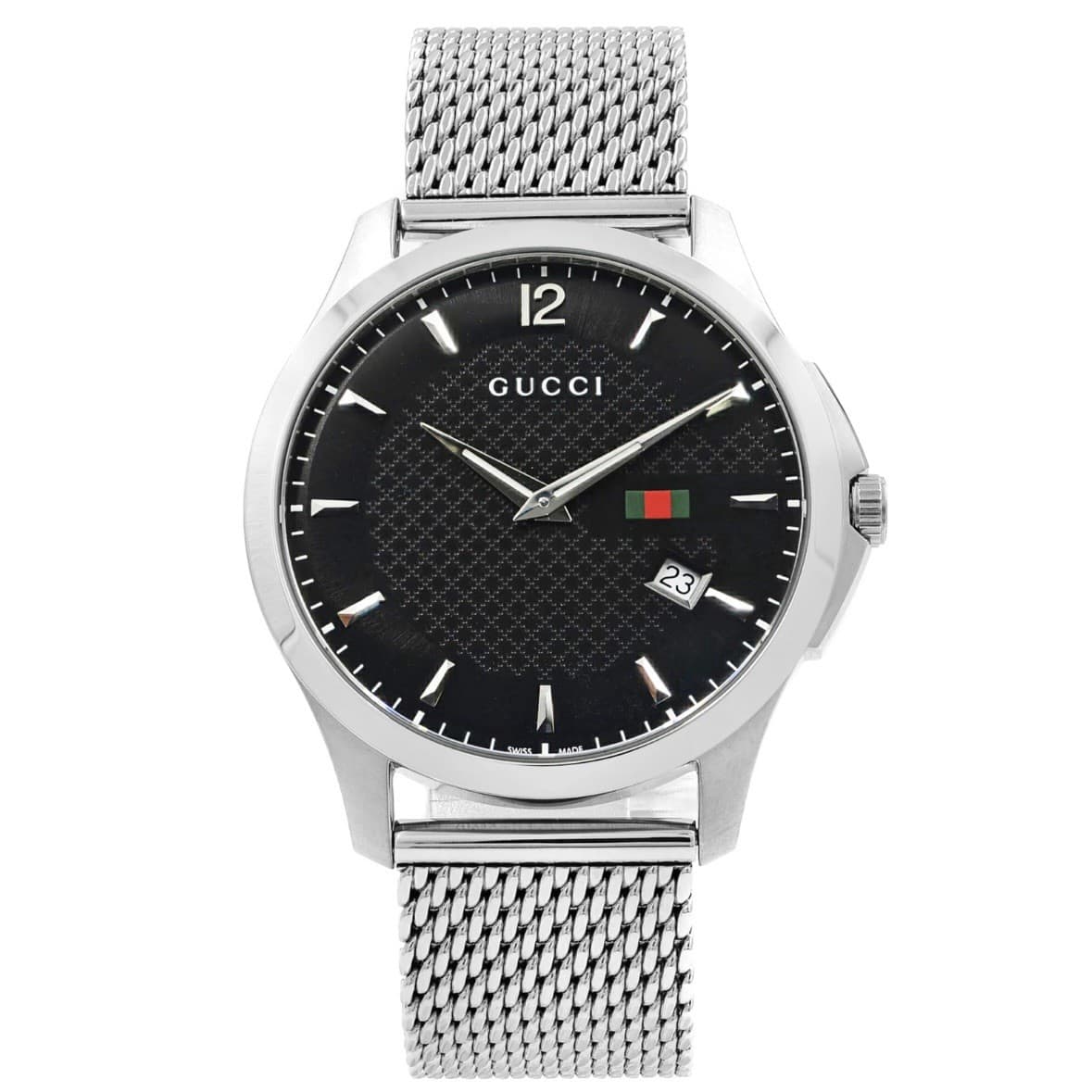 Gucci G-Timeless Black Checkered Dial Steel Mesh Band Quartz Mens Watch YA126308