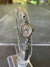 Longines 14K White Gold & Diamond Case Lady Cocktail Watch 1950s Stainless Band