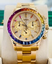 Rolex Daytona 116528 18k Yellow Gold Custom Rainbow Bezel & Pave Diamond Dial