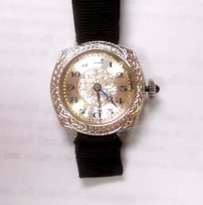 14k Solid White Gold Antique Woman Pandow Watch, 16 jewel, Runs Well. Black Band